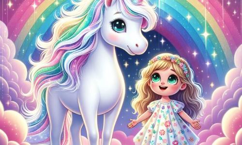 Una magnífica unicornio blanco, llamada Estrella, se encuentra en el centro de la imagen, con un pelaje brillante y un cuerno reluciente de colores del arcoíris. Expresa una emoción de dulzura y determinación, sus grandes ojos brillantes miran con benevolencia. A su lado, una niña de 8 años, Lía, con cabello dorado y ojos verdes chispeantes, sonríe con gratitud. Lleva un vestido ligero con motivos de flores coloridas y tiene los brazos abiertos como para acoger a su fiel amiga. El escenario es un reino flotante en el cielo, con nubes rosas y azules mezclándose con un brillante arcoíris. Estrellas relucientes iluminan el fondo, creando una atmósfera mágica y alegre. La situación principal muestra a Lía y Estrella saliendo de una nube oscura, rodeadas de luz brillante, simbolizando su amistad y valentía ante lo desconocido.
