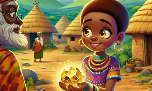 Zuri, o fetiță africană de aproximativ 12 ani, stă în centrul imaginii, având ochi mari și strălucitori și un zâmbet cald. Ea poartă o rochie colorată din țesătură tradițională, împodobită cu motive vibrante, și ține în mâini o piatră magică care strălucește de o lumină aurie. Expresia ei este plină de determinare și bucurie, pregătindu-se să împărtășească magia pietrei cu satul ei. Lângă ea se află un bătrân înțelept, un bărbat de aproximativ 70 de ani, cu o barbă lungă și albă și riduri care spun povești de înțelepciune. El poartă o tunică simplă și o observă pe Zuri cu un privire binevoitoare, pregătit să o încurajeze în căutarea ei. În fundal, se vede Jengo, un bărbat de aproximativ 30 de ani, cu o față îngrijorată, care privește scena cu ochi plini de regret, realizând importanța justiției. Decorul se află într-un sat african pitoreasc, înconjurat de coline verzi și copaci mari și măreți. Case din lut cu acoperișuri de stuf se află în jurul unei mari piețe centrale, unde locuitorii se adună pentru a asculta poveștile lui Zuri. Situația principală o arată pe Zuri, plină de curaj, ținând piatra magică, pregătită să aducă lumină și justiție satului ei, în timp ce bătrânul înțelept o încurajează și Jengo, în fundal, începe să înțeleagă adevărata semnificație a bunătății și comunității.