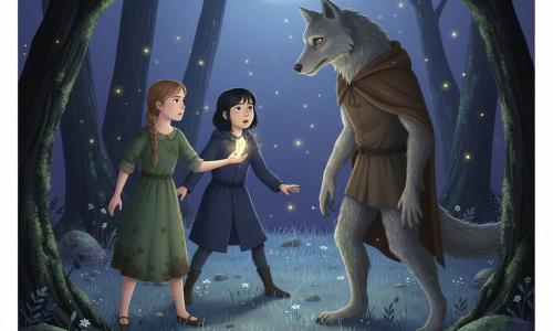 Three characters: Elara, about 11, light-brown braided hair, dirty green dress, holding a glowing crystal with both hands at center-left, looking determined; Maris, about 11, short black hair, navy coat, at Elara’s right with a hand on her shoulder, surprised and protective, knees slightly bent; the Big Bad Wolf mid-transformation, a large silver wolf with amber eyes, half of its body changing into a man with gentle features and a brown coat, center-right, both threatening and vulnerable, fur and clothing mixed, the crystal light illuminating the metamorphosis. Scene: a moonlit clearing with wet grass, silver wildflowers, twisted black-trunk trees with exposed roots and green moss, yellow fireflies and lichen-covered stones, blue-purple nighttime atmosphere. Main action: Elara extends a pulsing white-and-gold crystal toward the wolf-man; the light casts long shadows and sparkles on the fur, the girls show hope, magical tension in the air, centered composition with strong contrast between night blue and the warm crystal glow.