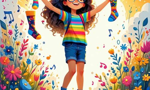 An 11-year-old girl named Sunny, with long curly hair and round glasses, smiles in wonder as she holds a legendary sock in vibrant colors, surrounded by music and magic patterns. She wears a multicolored striped t-shirt and denim shorts, standing on a small hill with her arms raised in victory. Next to her, Twizzle, a small character with big ears and a fluffy tail, is dressed in mismatched sock attire and joyfully dances, his eyes sparkling with mischief as he applauds Sunny. In the background, the Sock Snatcher, a mischievous raccoon, juggles colorful socks with a cheeky grin. The setting is a whimsical market in Whimsyville, featuring giant teapots in bright colors, floating candy stalls, and sock-shaped clouds dancing in the sky. Sparkles of light and musical notes fill the air, creating a joyful and playful atmosphere. The main scene shows triumphant Sunny having captured the legendary sock, while Twizzle and the Sock Snatcher celebrate together amidst an explosion of color and magic.