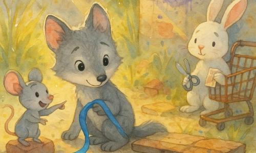 Main character: a small gray-furred wolf with round curious eyes and a shy smile, crouched by a broken bench holding a long bright blue ribbon, magnifying glass beside him; secondary characters: Mina Mouse, a small gray mouse with pink ears, energetic and smiling, standing on a rock and excitedly pointing at the ribbon, and Benny Bunny, a white lop-eared rabbit with a sheepish but relieved expression, sitting behind a rusted shopping cart holding round-tipped scissors and a crumpled card; setting: an overgrown urban lot with yellow-green tall grass, broken red bricks, sparkling glass shards, a cracked wooden bench, a rusted cart and a wall tagged with a purple cat wearing glasses in soft late-afternoon light with long shadows; scene: a warm, curious, reassuring moment of discovery as the wolf and mouse examine the recovered blue ribbon while the rabbit admits to something, with saturated colors on key objects (blue ribbon, purple paint, orange rust).