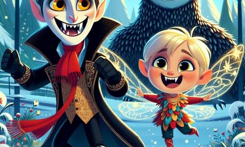 In the foreground, Victor, a vampire with a warm smile, has round, sparkling eyes that twinkle like stars. He wears an elegant black coat and a red scarf that flutters in the wind as he joyfully dances in the snow with open arms, expressing immense joy and a sense of belonging. Beside him, Faye, a small fairy with delicate, shimmering wings, has golden hair and wears a dress made of colorful flower petals. She floats lightly above the ground, laughing and encouraging Victor to play, her eyes sparkling with mischief. In the background, the majestic Mountain Guardian, a giant creature with shiny scales and bright eyes, stands proudly, watching over them with a benevolent smile, surrounded by an aura of magic, ready to protect his sanctuary. The setting is an enchanted forest, where the trees shimmer like crystals in the sunlight, and colorful flowers emerge from the snow. Snowflakes gently fall, creating a magical and fairy-tale atmosphere. The scene depicts Victor and Faye playing together, surrounded by the beauty of the forest, while the Mountain Guardian watches over them, symbolizing friendship and protection in a fantastical world.