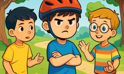 Há 4 crianças: - Pedro: um menino de 10 anos, com cabelo castanho bagunçado e olhos brilhantes de determinação. Ele usa uma camiseta azul brilhante e um capacete de bicicleta vermelho, está no centro com os braços cruzados, mostrando uma expressão de frustração. - Lucas: um menino de 10 anos, com cabelo loiro e óculos redondos. Ele veste uma camisa listrada colorida e um short verde, está um pouco atrás, sorrindo e fazendo um gesto amigável para Pedro. - Tiago: um menino de 10 anos, com cabelo preto e sardas. Ele usa uma camiseta amarela e um short azul, está à esquerda de Pedro, com uma expressão séria, pronto para falar com ele. - João: um menino de 10 anos, com cabelo castanho e um grande sorriso. Ele veste uma camiseta laranja e uma calça bege, está à direita de Pedro, segurando uma pedra na mão, pronto para compartilhar sua ideia. O cenário é um parque verdejante, cheio de árvores majestosas com folhas brilhantes. Flores coloridas estão espalhadas pelo chão, e um caminho de cascalho serpenteia pelo parque, levando a uma grande colina ao longe. O céu é azul brilhante, com algumas nuvens brancas fofas. A situação principal mostra Pedro, frustrado após perder uma corrida, cercado por seus amigos que tentam confortá-lo. Eles conversam, cada um segurando um objeto que representa uma emoção, em um ambiente acolhedor e amigável.