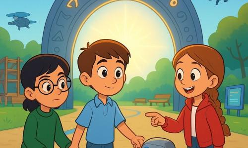 Quatro personagens: um rapaz de ~11 anos, cabelos castanhos curtos, olhos grandes, camisa azul-claro e jeans, segurando firme as mãos dos outros e olhando a arcada luminosa com ar tímido e determinado; uma rapariga de ~11 anos, cabelos longos trançados, pele clara, jaqueta vermelha e ténis, à direita, rindo suavemente e apontando para um pequeno drone do tamanho de uma maçã que voa perto; outra rapariga de ~11 anos, cabelos pretos curtos, óculos redondos e suéter verde, à esquerda, segurando a mão do rapaz e com expressão concentrada, dando instruções calmas; e um drone protótipo do tamanho de uma maçã, metal fosco com adesivo colorido 