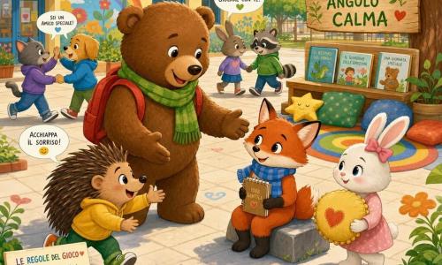 Un grande orso bruno di peluche realistico e stilizzato (personaggio principale), espressione dolce e benevola, occhi tondi, sopracciglia morbide, piegato in avanti a invitare a giocare, con piccolo zainetto rosso e sciarpa verde, postura calma e mani aperte; una volpe rossa giovane (Nilo), lineamenti fini, sguardo timido ma rassicurato, sciarpa blu a righe, seduta su una pietra tenue con un piccolo quaderno ordinato, sorriso delicato; un riccio marrone (Riky), viso birichino e occhi vivaci, corre verso l’orso con gesto entusiasta, aculei ordinati e scarpe colorate; una coniglietta bianca (Mia), occhi curiosi e fiocco nei capelli, in piedi accanto alla volpe con un cuscino soffice, espressione empatica; ambientazione cortile scolastico soleggiato con pavimento chiaro a piastrelle, alberi dalle foglie rotonde, un angolo 
