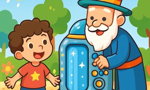 Um garoto de 4 anos, Léo, com cabelos castanhos e cacheados, e um grande sorriso de encantamento no rosto, está diante de uma máquina do tempo. Ele usa uma camiseta vermelha com estrelas amarelas e um short azul. Ao seu lado, o Senhor Tempo, um homem idoso com um chapéu alto colorido e uma longa barba branca, ajusta os botões da máquina, com uma expressão alegre e travessa. O local é uma grande praça ensolarada, cercada por flores multicoloridas e grandes árvores verdes, com uma máquina do tempo brilhante e futurista no centro, adornada com luzes cintilantes. A cena principal mostra Léo, animado e curioso, pronto para entrar na máquina, enquanto o Senhor Tempo lhe explica como viajar no tempo, criando uma atmosfera de magia e aventura.