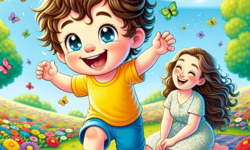 Um menino de 2 anos, Lucas, com cabelos castanhos bagunçados e olhos brilhantes de alegria, veste uma camiseta amarela e um short azul. Ele corre em um campo de flores coloridas, rindo alto, com os braços abertos como se quisesse pegar as borboletas. Ao seu lado, sua mãe, uma mulher sorridente de cerca de 30 anos, com cabelos longos e cacheados, usa um vestido leve com flores e o observa com ternura, sentada em uma toalha xadrez. Ao fundo, um céu azul brilhante está salpicado de nuvens brancas e fofas, e árvores verdes cercam o campo. A cena principal mostra Lucas se divertindo ao correr atrás de uma borboleta colorida, maravilhado com a beleza da natureza ao seu redor.