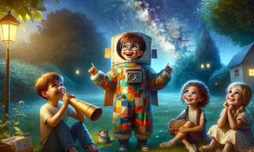 Andrei, un băiat de 10 ani cu părul brun și ochii strălucitori de curiozitate, poartă un costum de astronaut făcut din carton colorat. El zâmbește entuziast, ridicând brațele ca și cum s-ar pregăti să decoleze spre stele. Lângă el, Maria, o fată de 9 ani cu părul blond împletit, observă cerul cu un telescop din carton, având ochii plini de uimire. Alex, un băiat de 10 ani cu ochelari rotunzi și părul castaniu, ține o machetă de rachetă, zâmbind larg, în timp ce Daria, o fată de 9 ani cu părul creț și un tricou cu modele de stele, desenează planete pe o foaie de hârtie, așezată pe iarbă. Decorul este un câmp verde sub un cer nocturn plin de stele, unde Calea Lactee strălucește intens, iluminând fețele copiilor. Principala situație îi arată pe Andrei și prietenii săi simulând un zbor spațial, visând să devină astronauți, înconjurați de echipamentul lor făcut acasă, plini de entuziasm și imaginație.