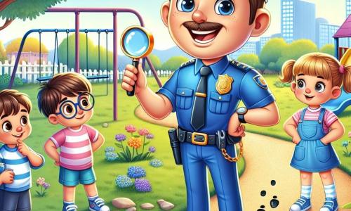 Un policía sonriente, el agente Tomás, un hombre de unos treinta años, lleva un uniforme azul brillante y una gran gorra azul. Su rostro es alegre, con una gran sonrisa y ojos brillantes de bondad. Está de pie en un parque soleado, rodeado de niños, mientras apunta con una lupa al suelo, como si buscara pistas. A su lado, una niña llamada Sofía, de 8 años, con bonitas trenzas y una camiseta rosa, lo observa con ojos maravillados, sosteniendo un cuaderno en sus manos. Un niño llamado Pablo, de 9 años, con gafas y pantalones cortos azules, se inclina para examinar las huellas de barro en el suelo, con aire curioso. El parque está lleno de árboles verdes, flores coloridas y un camino de grava que serpentea entre los juegos infantiles. A lo lejos, se ven columpios y un tobogán, mientras los pájaros cantan en las ramas. La situación principal muestra a Tomás y a los niños en plena investigación para encontrar bicicletas desaparecidas, con una atmósfera de emoción y camaradería. Los niños están atentos, listos para descubrir el misterio, mientras Tomás los guía con entusiasmo y sabiduría.