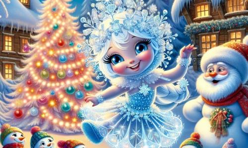 Flurry, a young, bright, and joyful snowflake, dances in the air, her crystalline arms sparkling like stars. She has a smiling face, her eyes sparkling with curiosity and wonder, as she twirls around a large tree decorated with light garlands. Next to her, a group of cheerful snowmen, wearing colorful hats and wool scarves, laugh and play in the snow, their round, smiling faces reflecting the joy of winter. A wise figure, Mr. Frost, stands in the background with his long sparkling beard and kind demeanor, watching the scene with a warm smile. The setting is a beautiful winter village, with wooden houses topped with snow, flakes gently falling from the light blue sky, and trees glistening with frost surrounding the scene. The main situation shows Flurry and her friends celebrating the magic of winter, dancing and laughing together under the starry sky, creating an atmosphere of joy and wonder.