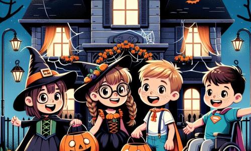 Four friends stand in front of a house decorated for Halloween. Mia, an 8-year-old girl with brown hair and glasses, wears a black and green witch costume and joyfully holds a large candy bag. Lily, a 7-year-old girl with braided blonde hair, is dressed as a pumpkin and gestures in surprise towards the house. Jake, an 8-year-old boy with red hair and freckles, is dressed as a vampire with a red cape and jumps with excitement, arms raised. Sam, a 9-year-old boy in a wheelchair with brown hair, wears a blue superhero costume and smiles widely at his friends. The large, old house behind them has windows adorned with spider webs and glowing orange lanterns, casting dancing shadows on the wall and creating a mysterious atmosphere. The friends are ready to knock on the door to ask for candy, their faces lit up with the excitement and magic of Halloween.