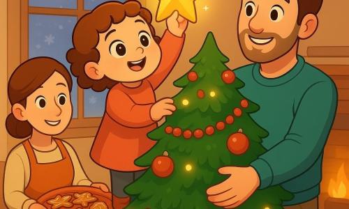 Bambina di 2 anni con viso rotondo, guance rosate e capelli castani corti e ricci, sguardo meravigliato, tiene una grande stella dorata scintillante e la posa in cima all'albero; padre circa 32 anni con barba leggera e sorriso caldo la solleva dolcemente per la vita, protettivo, madre circa 30 anni con capelli castani raccolti in abiti da cucina accoglienti tiene un vassoio di biscotti decorati e sorride; salotto caldo e intimo con albero di Natale verde fitto decorato con ghirlande rosse, palline colorate e luci gialle morbide, tappeto crema, finestra ghiacciata con neve fuori e camino in mattoni con calze appese; momento tenero e magico, luce soffusa delle lucine e del camino, plan medio leggermente dal basso incentrato sulla bambina, stile 3D cartoon cel-shading con contorni netti, colori saturi e forme semplici.