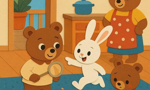 Un piccolo orsetto bruno bambino (tipo peluche), sguardo curioso e fiero, occhi tondi, porta una lente di cartone al collo e tiene un cucchiaio di legno appiccicoso in una mano; un coniglietto bianco bambino (tipo feltro), orecchie lunghe e volto eccitato, salta accanto e indica con una zampa una scia di briciole a terra; una sorellina orsetta, guance rosate, accovacciata su un balcone tiene un biscotto mezzo mangiato vicino a un vaso di fiori; la mamma orsa, figura morbida e rotonda, sorride sullo sfondo vicino a un tavolo con grembiule a pois; cucina calda con tappeto azzurro a texture carta, pavimento in doghe di legno, porta finestra aperta su balcone con grande vaso di terracotta e foglie verdi, luce morbida del mattino; situazione: l'orsetto detective trova il cucchiaio dietro il vaso e un piccolo taxi giocattolo giallo è sul tappeto come indizio, scene in forme semplici, colori vivaci, ombre morbide e bordi di carta evidenti.