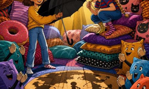 Duas meninas: Lia, 11 anos, cabelo castanho curto, olhos brilhantes, suéter mostarda e jeans, segura um grande guarda‑chuva preto meio aberto ao centro; Bia, 11 anos, cabelo loiro em trança, sorriso malicioso, camiseta listrada azul e vermelha e meias diferentes, agachada à direita sobre uma pilha de almofadas a assoprar um pequeno apito; cenário: interior de um 