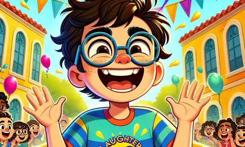 En el centro de la imagen, Paco, un niño de unos 10 años, sonríe con alegría y tiene los ojos brillantes. Lleva una camiseta de superhéroe colorida, un poco desgastada, con un logo de risa al frente. Está cayendo en una piscina gigante de gelatina, con los brazos extendidos, mientras salpicaduras de gelatina vuelan a su alrededor, añadiendo un toque divertido a la escena. A su derecha, Javi, un niño de 11 años con cabello castaño alborotado y gafas, intenta volverse invisible, pero es visible, con una expresión de sorpresa y las manos levantadas como si intentara esconderse detrás de un gran panel colorido. Al fondo, la escena tiene lugar en el patio de la Academia de Superhéroes, un lugar vibrante y alegre, lleno de globos coloridos, pancartas y risas de niños. La situación principal muestra a Paco, en medio de su actuación cómica, provocando risas entre sus compañeros mientras se debate alegremente en la gelatina, ilustrando el espíritu lúdico y divertido de la historia.