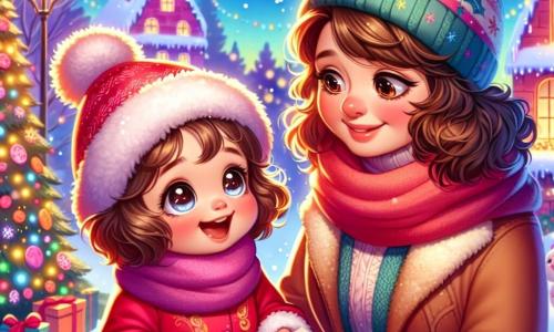 O fetiță de 2 ani, Ema, cu ochi mari și strălucitori și obraje roșii, poartă o salopetă roșie drăguță și o eșarfă din lână moale. Ea zâmbește cu uimire în timp ce ține o scrisoare în mâinile ei mici. Lângă ea, mama ei, o femeie de aproximativ 30 de ani, cu părul brunet și creț, o privește cu tandrețe, îmbrăcată într-o haină caldă și o căciulă colorată. Scena are loc în aer liber, într-un peisaj de iarnă feeric, unde zăpada acoperă solul și copacii sunt împodobiți cu fulgi strălucitori. Lumini colorate strălucesc pe casele din apropiere, creând o atmosferă caldă și festivă. Ema, încântată, se pregătește să lase scrisoarea pentru Moș Crăciun sub un brad mare decorat, înconjurat de cadouri colorate. Magia Crăciunului plutește în aer, iar expresia de bucurie de pe fața Emei luminează scena.