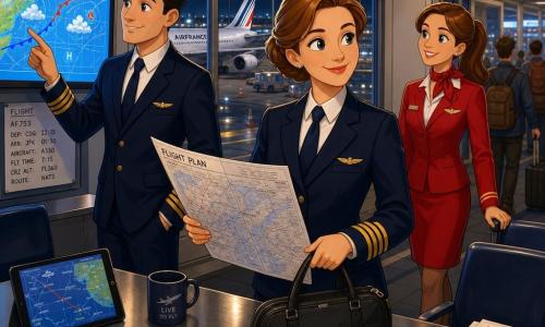 A confident female pilot in her mid-30s with brown hair in a bun, wearing a navy pilot jacket with gold stripes, holding a small black flight bag and an unfolded flight plan, stands by an airport terminal window; to her left a calm, kind male co-pilot around 30 with short black hair points at a bright weather map on a screen, and slightly behind near a boarding door a smiling, attentive female flight attendant about 28 with chestnut hair in a ponytail in a red uniform stands with blurred passengers behind her; the setting is a night crew corridor and briefing room with large windows showing an illuminated aircraft on the tarmac, soft neon lights, blue weather screens with drawn clouds, flight plans and papers on metal seats and table, warm light on the pilot's face creating a serene, professional atmosphere.