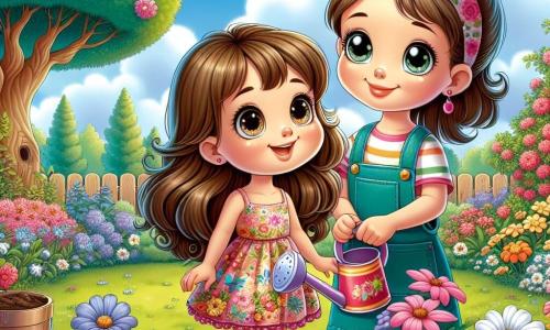 Una bambina di 8 anni, Sofia, con lunghi capelli castani e occhi brillanti di curiosità, si trova nel mezzo di un giardino fiorito, un grande sorriso illumina il suo volto. Indossa un vestito colorato a fiori e tiene un piccolo annaffiatoio, pronta ad annaffiare le piante. Accanto a lei, sua madre, una donna di circa 30 anni con capelli castani raccolti in uno chignon, sorride orgogliosa mentre tiene un secchio pieno di terriccio, osservando sua figlia con tenerezza. Il giardino è pieno di fiori vivaci, farfalle danzanti e un maestoso albero sullo sfondo, sotto un cielo azzurro chiaro punteggiato di nuvole bianche. Sofia e sua madre si prendono cura dei fiori, creando un'atmosfera gioiosa e primaverile, piena di vita e colori.