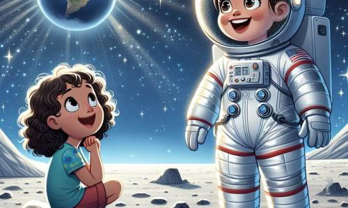 Een vrouwelijke astronaut, genaamd Anna, staat op een maanoppervlak in een glanzend witte ruimtepak met zilveren accenten. Haar gezicht straalt van vreugde en verwondering terwijl haar heldere ogen naar de sterrenhemel kijken. Naast haar zit Lotte, een 8-jarig meisje met grote nieuwsgierige ogen en krullend haar, die vol bewondering naar de sterren kijkt. Ze draagt een kleurrijk t-shirt en een short, en zit met gekruiste benen op een steen, gefascineerd door Anna's verhalen. De omgeving is een uitgestrekt maanlandschap met grijze, stoffige grond, bezaaid met kraters en stenen. Op de achtergrond schittert de aarde als een prachtige blauwe bol, verlicht door de zon, terwijl de lucht vol fonkelende sterren is. Anna vertelt Lotte over haar avonturen in de ruimte met expressieve gebaren, terwijl Lotte aandachtig luistert, met opgewonden ogen, dromend om ook astronaut te worden.