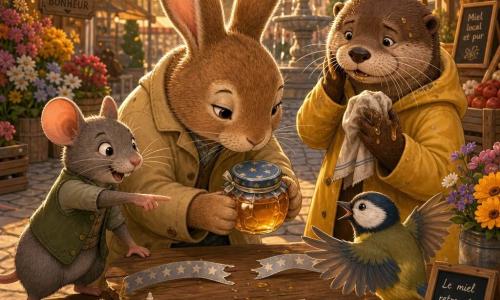 A soft round brown rabbit (main character) delicately holds a small glass honey jar with a blue lid, calm and focused with half‑closed eyes, ears up, textured fur and a beige jacket, leaning forward like an attentive detective; to its left a lively gray mouse (secondary) stands on tiptoe, whiskers alert, smiling and pointing at a silver starry ribbon fragment while wearing a small green vest; behind them a clumsy otter in a yellow raincoat (secondary) has sticky honeyed paws, looking ashamed but relieved, holding a dishcloth and gazing at the jar on a wooden table; in front a tiny yellow tit vendor (secondary) with bright feathers looks surprised but grateful, wings slightly open toward the jar; the colorful outdoor market has wooden stalls with red fruits, bright flower bouquets, wicker baskets, stacked crates, cobbles stained with amber honey, banners and a fountain in the background; the main moment shows the jar returned and repaired—a reunion of repair and reconciliation—silver ribbon in two pieces on the table, small hands helping to reattach it, warm evening light filtering between stalls and a cozy, supportive atmosphere.