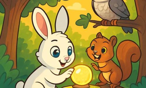 A young rabbit named Thistle, with bright white fur and sparkling gem-like eyes, stands at the center of the scene, displaying an expression of awestruck curiosity. Beside him, Bramble, a mischievous squirrel with brown fur and a bushy tail, joyfully climbs a low branch, while Luna, a wise owl with soft gray feathers, perches on a branch above, attentively observing the scene. The setting is an enchanted glade bathed in golden light, surrounded by majestic trees with vibrant green leaves, and at its center is a moss-covered stone pedestal holding a shimmering glowing sphere. The main situation shows Thistle touching the magical sphere, as a gentle glow envelops the group, creating an atmosphere of mystery and wonder, while the song of the trees and the whisper of the wind fill the air with magic.
