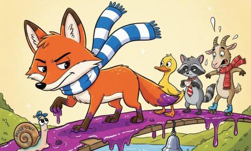 An anthropomorphic red-furred fox with a large blue-and-white striped scarf, mischievous but focused, paws stained with purple blackberry jam, cautiously walking on an invisible bridge revealed by a sticky purple jam trail; a tiny snail in a cap and “BRIDGE STAFF” badge with a pearly shell and exasperated expression slides beside it; a yellow duck in a red-and-white tie stands behind, comically annoyed, watching the jam line; a grey raccoon with a teacup looks curious and relaxed farther along; a panicked-but-funny goat on shiny rollerblades and a wool scarf struggles near the bridge’s end; a small silver bell floats above the jam path invitingly; colorful, high-contrast 2D cartoon style with thick outlines, vivid palette (red, blackberry purple, duck yellow, sky blue), whimsical, absurd but warm and safe atmosphere.