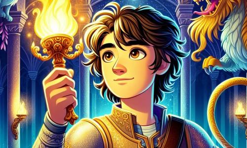 A young man, Galen, stands at the center of the scene, with tousled brown hair and eyes shining with hope. He wears gleaming armor, slightly scuffed, and holds a magical lamp high in his hand, emitting a brilliant golden light. His face expresses both determination and courage as he prepares to face great danger. Beside him, a majestic chimera, with heads of a lion, dragon, and goat, watches Galen intently, its eyes sparkling with wisdom. It stands slightly back, like a guardian, ready to intervene if needed. The setting is a vast obsidian fortress hall, with shimmering walls and carved columns, illuminated by rivers of glowing lava outside. Shadows dance on the walls, creating a magical yet threatening atmosphere. The main situation shows Galen raising the lamp, its light piercing the darkness as he calls for peace amidst a chaotic battle between two armies. The soldiers, frozen in their movements, turn their gazes toward him, captivated by the lamp's glow and his message of hope.