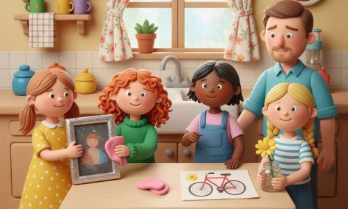 There are five characters: Lily (about 4, light brown hair in pigtails, yellow polka-dot dress, standing left by the table holding a shiny photo frame), Mina (about 4, curly red hair, green sweater, kneeling by the table rubbing the frame with a pink cloth), Jo (about 4, short black hair, blue overalls, standing right a bit back showing a drawing of a red bicycle), Rosie (about 4, blonde braids, striped T‑shirt, front of the group smiling and holding a small glass jar with a yellow flower), and the father (about 35, light beard, light blue shirt, entering the kitchen and looking at the photo emotionally, standing near the sink). The warm kitchen is seen from the front with a light wood table at the center, colorful cups, a checkered tea towel, a window with floral curtains letting in soft light, and a shelf with jars and a potted plant. The four girls present the clean, shining photo frame and the jar with the yellow flower to their dad with joyful, tender expressions and presenting gestures; composition centered on the table, bright colors and pronounced modeling‑clay textures (smooth surfaces, fingerprints, small reliefs).