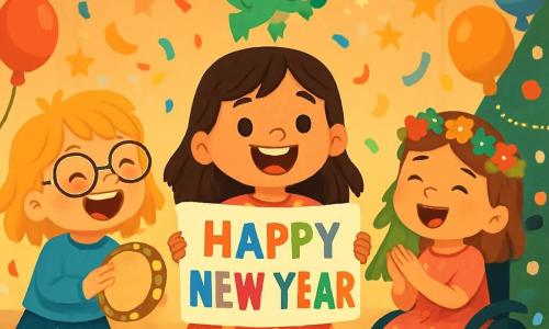 There are 3 characters: - Mia: a 5-year-old girl with long brown hair and sparkling eyes. She wears a red polka dot dress and has a big smile. She stands in the center, holding a large colorful "Happy New Year!" sign. - Zoey: a 5-year-old girl with messy blonde hair and round glasses. She wears a bright blue sweater and a sequined skirt. She is to the left of Mia, enthusiastically shaking a golden tambourine. - Lily: a 5-year-old girl in a sparkling wheelchair, with brown hair and a colorful flower crown. She wears a pink dress with shining stars. She is to the right of Mia, smiling and clapping to the music. The setting is a warm party room decorated with sparkling garlands and colorful balloons. The walls are adorned with shiny star and moon-shaped paper. Paper stars float from the ceiling, while a large Christmas tree sparkles in a corner, illuminated by multicolored lights. The main scene shows the three friends joyfully celebrating the New Year. They sing together, surrounded by colorful confetti falling from above, while a small green dragon named Flint floats above them, casting magical sparks. The children's faces are filled with excitement and happiness, creating a festive and enchanted atmosphere.