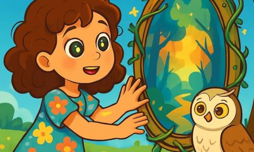 An 8-year-old girl named Lila, with bright star-like eyes and curly hair, stands by an old mirror, her face illuminated by curiosity and wonder. She wears a colorful dress adorned with flowers, with her hands reaching towards the mirror as if ready to dive into a magical world. Next to her, a wise owl with white feathers and round eyes perches on a low branch, observing Lila kindly, its wings slightly spread, ready to share its wisdom. The scene is set in a lush green meadow, dotted with vibrant flowers, under a deep blue sky with fluffy clouds. In the center, the old mirror is surrounded by tangled vines and small twinkling stars, creating a fairy-tale atmosphere. The main focus shows Lila, amazed, looking through the mirror, where a mysterious path opens into an enchanted forest filled with bright colors and magical light, symbolizing the beginning of her philosophical adventure.