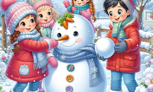 In einem verschneiten Garten sind vier Kinder versammelt, um einen Schneemann zu bauen. Laura, ein 10-jähriges Mädchen mit braunen Haaren und strahlenden Augen, trägt eine rote Jacke und einen blauen Schal. Sie steht links, lächelt und hält eine Karotte für die Nase des Schneemanns. Neben ihr rollt Sophie, ein 9-jähriges Mädchen mit blonden Haaren und Zöpfen, einen großen Schneeball und trägt eine rosa Parka. Clara, ein weiteres 10-jähriges Mädchen mit braunen Haaren und einer Brille, steht rechts und dekoriert den Schneemann mit bunten Knöpfen. Schließlich steht Felix, ein 10-jähriger Junge mit schwarzen Haaren und einer grünen Mütze, hinter dem Schneemann und ist bereit, einen Schneeball lachend zu werfen. Der Garten ist mit einer dicken Schicht funkelnden Schnees bedeckt, die Bäume sind mit schneebedeckten Ästen und der Himmel ist blau mit einigen weißen Wolken. Die Kinder haben Spaß beim Schneemannbauen, lachen und spielen im Schnee, während die Sonne sanft scheint und die Szene in warmes, fröhliches Licht taucht.