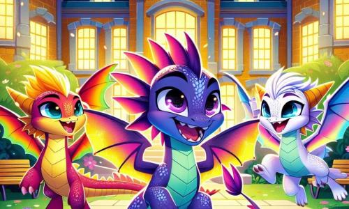 Zuri, un mic dragon-péon cu solzi strălucitori de culori vii, se află în centrul scenei, cu ochii strălucind de entuziasm și un zâmbet larg pe față. Aripile sale multicolore sunt desfăcute, pregătite să zboare, în timp ce privește cu uimire la școala mare cu pereți din cărămidă aurie și feronerie strălucitoare. La dreapta sa, Blaze, un dragon-péon roșu aprins cu solzi strălucitori, sare de bucurie, fața sa radiază de fericire. Ține o floare mică în picior, gata să i-o arate lui Zuri. La stânga, Luna, un dragon-péon violet cu ochi blânzi, zâmbește călduros, cu aripile ușor pliate, observându-și prietenii cu mândrie. Decorul este o curte de școală însorită, înconjurată de flori colorate și copaci mari cu frunziș verde. Razele soarelui străbat ramurile, creând umbre jucăușe pe sol. Situația principală arată cum Zuri și prietenii săi se pregătesc să participe la un concurs de zbor, entuziasmul fiind palpabil în aer în timp ce se adună pentru a decola, pregătiți să descopere bucuriile revenirii la școală.