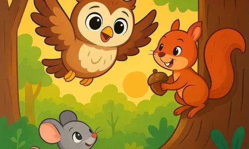 Eine kleine Eule namens Emma mit großen runden Augen und weichen, braun-weißen Federn fliegt fröhlich über einen großen Baum, ihr Gesicht strahlt Neugier und Aufregung aus. Neben ihr klettert ein frecher Eichhörnchen namens Max mit strahlend rotem Fell und einem kleinen buschigen Schwanz geschickt am Stamm hoch, während er mit einem schelmischen Lächeln eine Nuss in seinen Pfoten hält. Weiter unten schaut eine kleine Maus namens Lilli mit grauem Fell und großen leuchtenden Augen bewundernd zu, ihr Gesichtsausdruck ist voller Hoffnung, während sie auf einem Teppich aus goldenen Blättern steht. Der Ort ist ein verzauberter Wald, der im goldenen Licht der untergehenden Sonne badet, mit majestätischen Bäumen und bunten Blumen, die den Boden schmücken. Die Hauptsituation zeigt Emma, Max und Lilli vereint in einem Abenteuer, während sie gemeinsam einen neuen Ort für Lillis Nest suchen und damit die Bedeutung von gegenseitiger Hilfe und Gleichheit unter Freunden verdeutlichen.