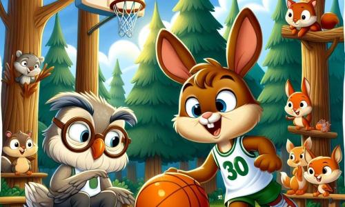 In the center of the image, Benny, a young rabbit with large ears and soft brown fur, is enthusiastically dribbling a big orange ball. His eyes shine with excitement and determination as he prepares to score. To his right, Coach Oliver, a wise owl with gray feathers and round glasses, watches with an encouraging smile, his wings slightly spread as if to applaud. He stands on a low branch of a tree, ready to give advice. In the background, an improvised basketball court is surrounded by tall trees with lush foliage, and forest animals like squirrels and foxes are gathered, cheering for Benny. The sky is blue with a few white clouds, and the sun shines, creating a joyful and dynamic atmosphere. The scene captures Benny in action, ready to shoot to win the game, while excitement and team spirit radiate from all the characters present.
