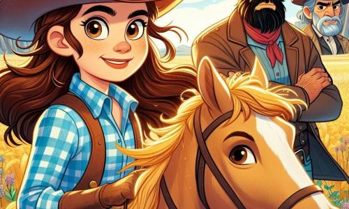 Clara, eine junge Cowgirl mit einem entschlossenen Gesicht, trägt einen Cowboyhut und ein kariertes Hemd. Ihre braunen Haare wehen im Wind, während sie stolz ihr Pferd Blaze, einen wunderschönen Mustang mit goldenem Fell, reitet. Clara zeigt einen Ausdruck von Mut und Entschlossenheit, bereit, das bevorstehende Abenteuer anzugehen. In der Nähe beobachtet ein etwa dreißigjähriger Mann mit rotem Bart und besorgtem Blick die Szene. Er trägt eine Lederjacke und hält eine Karte in den Händen, auf der Suche nach Hinweisen zum Standort des Schatzes. Neben ihm steht ein älterer Mann mit grauen Haaren und einem abgetragenen Hut, die Arme verschränkt und mit einem misstrauischen Ausdruck. Die Kulisse ist eine weite Landschaft aus goldenen Wiesen, durchzogen von bunten Wildblumen, mit majestätischen Bergen im Hintergrund unter einem strahlend blauen Himmel. Die Sonne scheint hoch am Himmel und taucht die Szene in warmes Licht. Die Hauptsituation zeigt Clara und die Männer, die begeistert über ihre Suche nach Gold in den Bergen diskutieren, während sich am Horizont ein Gewitter zusammenbraut, was der Abenteuerstimmung eine spürbare Spannung verleiht.