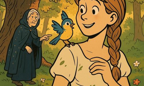 Jonge vrouw (ongeveer 20) met zacht, nieuwsgierig gezicht, lichtbruin gevlochten haar, eenvoudige crèmekleurige jurk met bladeren, dromerige glimlach terwijl ze zacht een klein blauw-goud vogel op haar rechterschouder streelt; vogel levendig, vleugels licht trillend; oude vrouw (ongeveer 70) bij een duizendjarige eik, donkere mantel met sterren, vriendelijk gerimpeld gezicht, hand reikend als raadgevend; bosopen plek met smaragdgroen mos, roze/witte wilde bloemen en rode paddenstoelen met witte stippen, gouden zonnestralen bij schemering; magische, tedere en hoopvolle ontmoeting in warme, contrastrijke kleuren en zachte contouren in de stijl van een Europese strip.