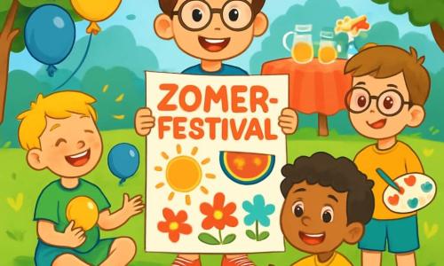 Er zijn 4 kinderen: Mats, een 8-jarig jongetje met rommelig bruin haar en een ronde bril, staat in het midden met een grote kleurrijke poster voor het zom festival. Finn, een 9-jarig jongetje met blond haar en sproeten, zit op het gras en jongleert vrolijk met felgekleurde ballonnen. Sam, een 8-jarige jongen met krullend zwart haar, zit naast Finn en tekent op een groot vel papier. Jens, een 7-jarig jongetje met kastanjebruin haar en een bril, staat met een verfpalet en kwast, klaar om een groot bord te schilderen voor het festival. De scène speelt zich af in een zonnige tuin vol kleurrijke bloemen en zwevende ballonnen, met versieringen aan de bomen en een tafel vol lekkernijen. De kinderen bereiden een groot zom festival voor, met een vrolijke en feestelijke sfeer vol lachen en creativiteit.