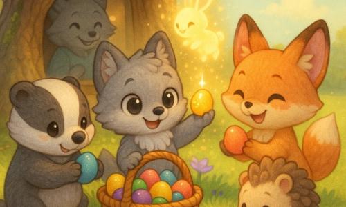 Milo, kleiner Chibi-Wolf mit warmem, erstaunten Ausdruck und weichem grauen Fell, hält einen Weidenkorb mit bunten Eiern und ein funkelndes Ei; rechts Leni, Chibi-Füchsin mit geröteten Ohren und schelmischem Lächeln, reicht ein orange-rosa verlaufendes Ei; links Tim, stämmiger Chibi-Dachs, etwas verlegen, legt ein blaues Ei in den Korb; vorne Mira, schüchternes Chibi-Igelchen mit runden Stacheln, wählt ein kleines Band aus Geschenken; im Hintergrund Oma Wölfin in der offenen Küche, sanfte Silhouette und wohlwollender Blick; über dem Korb schwebt ein kleiner leuchtender Hase, der sich in goldenen Glitzerstaub auflöst; Ort: alter knorriger Eichenbaum am Rand einer grünen Wiese mit sichtbaren Wurzeln, violette Krokusse, goldene Strohstücke und ein halbgeöffnetes Holztruhchen mit Bändern; Stimmung: fröhliches, gerechtes Teilen der Ostereier bei sanftem Frühlingssonnenschein, warmes, gemütliches Ambiente mit pastelligen Farben, weichen Texturen und abgerundeten Konturen.