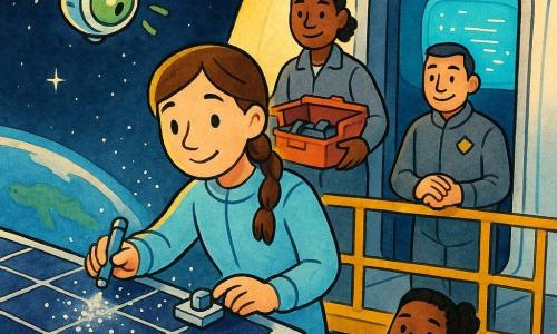 Lina, ingeniera, mirada concentrada y sonrisa suave, trenza castaña, mono espacial azul claro, sostiene una herramienta y un sensor junto a un panel solar limpiándolo con una ráfaga de aire controlada; Pipo, dron pequeño y amigable con luz verde, flota tomando una foto, hélices como pétalos; Tessa, técnica de mantenimiento ~35 años, piel clara, pelo corto recogido, mono gris, con caja de herramientas abierta detrás de Lina en la pasarela; Capitán Sol, hombre de rostro cálido, uniforme gris con insignia dorada, observa desde la entrada del aire, manos juntas; Nara, ordenador de a bordo, representado por una gran pantalla curva azul cian que emite líneas de datos estilizadas; lugar: exterior del ala de la Aurora con paneles solares rectangulares negros con bordes plateados, cielo espacial estrellado y media Tierra azul de fondo; situación: reparación tranquila de un panel polvoriento, partículas brillantes flotando como azúcar, gestos precisos, atmósfera de cooperación y cuidado bañada por la luz cálida del sol.