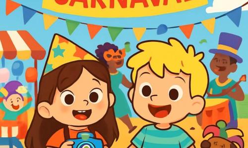 Hay 2 personajes principales: Luna, una niña de 3 años con cabello largo y castaño y ojos brillantes, que lleva un sombrero de papel colorido con estrellas y sostiene una pequeña cámara brillante; y Nico, un niño de 3 años con cabello rubio despeinado y una sonrisa radiante, que viste una camiseta a rayas y un pantalón corto azul, y sostiene una pequeña caja para guardar fotos. La escena tiene lugar en una plaza animada, llena de banderines coloridos ondeando al viento, rodeada de puestos de comida con globos multicolores. La gente baila y ríe, mientras una gran pancarta de papel anuncia el carnaval. El cielo es azul con nubes blancas como caramelos. En la ilustración, Luna y Nico se toman de la mano, sonriendo alegremente, rodeados de personas disfrazadas con trajes brillantes, músicos tocando tambores y un perro con un sombrero de carnaval. Los dos niños están listos para capturar las sonrisas a su alrededor con su cámara, llenos de emoción y alegría.