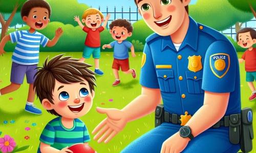 Un policía, un hombre de unos treinta años, sonriente y benevolente, lleva un uniforme azul brillante con una gorra que hace "plop". Está arrodillado cerca de un niño pequeño, Lucas, un niño de seis años con el cabello castaño desordenado y una gran sonrisa, que juega con una pelota roja. Carlos, el policía, le explica con entusiasmo su papel, mientras Lucas lo escucha con los ojos muy abiertos, lleno de admiración. El escenario se desarrolla en un parque soleado, lleno de árboles verdes exuberantes y flores coloridas. Se pueden ver niños jugando al fondo, risas y gritos de alegría resonando en el aire. La situación principal muestra a Carlos, el policía, conversando alegremente con Lucas, hablándole de su trabajo y de la importancia de ayudar a los demás, creando un momento de conexión e inspiración entre ellos.