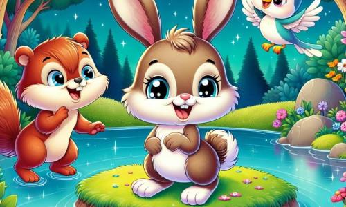 Ein kleiner Hase namens Felix mit großen Ohren und weichem, braunem Fell steht fröhlich auf einer kleinen Insel inmitten eines glitzernden Teiches. Er hat ein strahlendes Lächeln im Gesicht, seine Augen funkeln vor Aufregung, während er zwischen den bunten Blumen tanzt. Neben ihm hüpft ein schelmisches Eichhörnchen mit rotem Fell und buschigem Schwanz und lacht, während eine sanfte Nachtigall mit bläulichem Gefieder fröhlich auf einem nahegelegenen Ast singt, ihre Augen strahlen vor Glück. Der Teich ist von großen Bäumen mit üppigem grünem Laub umgeben, und mehrfarbige Blumen säumen das Ufer, was eine magische und einladende Atmosphäre schafft. Felix und seine Freunde feiern ihre Freundschaft, indem sie zusammen spielen, lachen und Momente der Freude unter einem sternenklaren Himmel teilen, was das einfache Glück und die Schönheit von Freundschaft symbolisiert.