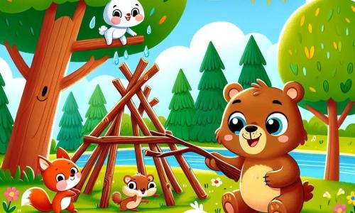 A happy brown bear with a big smile and sparkling eyes is at the center of the image, holding a wooden branch to build a fort. Next to him, a small white rabbit with large ears, looking amused, splashes water while jumping into a puddle. A red squirrel, with a bushy tail, laughs while collecting acorns, while a yellow duck, slightly wet, shakes its feathers while laughing. The setting is a sunny clearing surrounded by green trees and colorful flowers, with a small river gently flowing in the background. In the foreground, the friends are building a funny fort made of branches, leaves, and acorns, while having fun and splashing water.