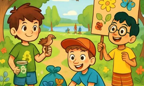 Hay 3 personajes: - Nico: un niño de 9 años con cabello castaño desordenado y ojos brillantes. Lleva una camiseta verde con un dibujo de un árbol y un pantalón corto de mezclilla. Sostiene un vaso de reciclaje en una mano y un pequeño pájaro herido en la otra, mirando a sus amigos con determinación. - Lucas: un niño de 9 años con cabello rubio y una gorra roja. Lleva una camiseta azul y un pantalón cargo. Está agachado, recogiendo basura con una gran sonrisa, rodeado de bolsas de basura coloridas. - Mateo: un niño de 9 años con cabello negro y gafas redondas. Lleva una camiseta amarilla y un pantalón corto a rayas. Está de pie, sosteniendo un cartel de cartón con dibujos de flores y animales, explicando a los demás la importancia de proteger el medio ambiente. La situación principal se desarrolla en un parque verde, lleno de árboles majestuosos, flores coloridas y un pequeño camino de tierra. A lo lejos, se ve un lago brillante bajo el sol, con pájaros volando alegremente en el cielo azul. Familias pasean y niños juegan en la hierba. La historia muestra a los tres amigos limpiando el parque, recogiendo basura mientras se divierten. Están rodeados de bolsas de basura coloridas y carteles que han creado, explicando a otros niños la importancia de cuidar la naturaleza. Las caras de los niños son alegres y decididas, reflejando su compromiso de proteger su entorno.