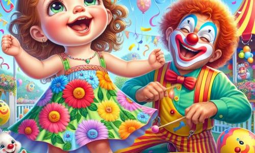 Una bambina di un anno, Sofia, con grandi occhi brillanti e capelli ricci castani, balla gioiosamente in mezzo a un carnevale colorato, il suo viso che irradia felicità. Indossa un vestito a fiori multicolori e tiene un piccolo tamburo suonando con entusiasmo. Accanto a lei, un clown allegro di circa 30 anni, con un naso rosso, capelli arruffati e un grande sorriso, fa delle smorfie mentre suona un tamburo. Si piega in avanti, incoraggiando Sofia a ballare. Lo sfondo è un giardino festoso, pieno di palloncini a forma di animali, festoni colorati e coriandoli che fluttuano nell'aria. Un grande tendone a strisce rosse e gialle si erge sullo sfondo, creando un'atmosfera magica. La scena principale mostra Sofia che ruota su se stessa, le braccia alzate, circondata da colori vivaci e musica gioiosa, mentre il clown la accompagna con movimenti divertenti, creando un momento di felicità e festa.