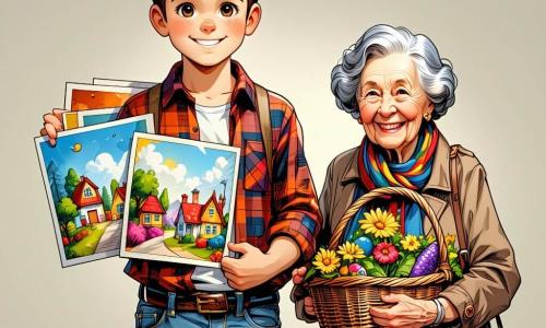 Un băiat de 10 ani, Andrei, cu părul brun și ochii strălucitori, stă în centrul imaginii, zâmbind cu entuziasm. Poartă o cămașă în carouri și o pereche de blugi, ținând în mâini afișe colorate, pregătit să anunțe un eveniment comunitar. Lângă el, o bătrână cu părul gri și fața ridată, îmbrăcată într-un palton uzat, zâmbește călduros ținând o mică coșerică cu mere, simbolizând rolul său în strângerea de fonduri. În fundal, Radu, un băiat de 10 ani cu ochelari și părul blond, ajută la agățarea afișelor pe un panou de lemn, în timp ce Mira, o fetiță de 9 ani cu împletituri și o rochie colorată, distribuie pliante trecătorilor. Locul este un parc verde, cu copaci frunzoși, flori colorate și o mare peluză unde familiile se adună. Standuri din lemn sunt instalate, pline cu fructe și jucării, creând o atmosferă festivă și călduroasă. Situația principală arată cum Andrei și prietenii săi organizează o mică târg pentru a ajuta persoanele nevoiașe, cu zâmbete și entuziasm, ilustrând spiritul de solidaritate și ajutor al comunității.