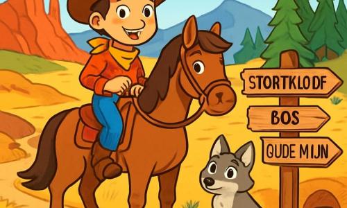 Een jonge cowboy, Jesse, een jongen van ongeveer 12 jaar, met een brede cowboyhoed, een rood geruit overhemd en denim broek, rijdt trots op zijn bruine paard, Max. Zijn gezicht straalt vastberadenheid en opwinding uit, met heldere ogen en een zelfverzekerde glimlach. Naast hem kijkt een kleine, nieuwsgierige en ondeugende grijze coyote aandachtig toe, met rechtopstaande oren, klaar om Jesse te volgen in zijn avontuur. De achtergrond is een uitgestrekte, gouden prairie, bezaaid met kleurrijke wilde bloemen, met golvende heuvels aan de horizon onder een stralend blauwe lucht. In de verte tekenen de silhouetten van de Rode Bergen zich af, mysterieus en majestueus, met witte wolken die zachtjes erboven drijven. De hoofdsetting toont Jesse, met zijn blik gericht op een pad dat zich in drie richtingen splitst: rechts, een gevaarlijke kloof, links, een dichte dennenbos, en recht vooruit, een oude, donkere mijn. Jesse, met een hand op de teugels van Max, aarzelt, zijn hart bonzend van opwinding en bezorgdheid, klaar om zijn pad naar avontuur en de ontdekking van de legendarische schat te kiezen.