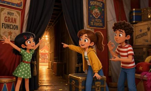 Hay tres niños: Nora, 12 años, coleta castaña clara, chaqueta mostaza, pantalón azul, en el centro señalando una puerta secreta frente a un pequeño cofre; Lila, 12 años, cabello negro corto con una pinza roja, vestido de lunares verdes, a la izquierda de Nora junto al pasillo oscuro señalando la dirección con energía; Darío, 12 años, rizos castaños, camiseta roja y blanca a rayas, a la derecha y ligeramente detrás organizando la fila con un gesto circular. Interior de una gran carpa de circo: suelo de madera gastada, lonas rojas y blancas, cuerdas, focos colgantes, cortinas negras abiertas a un pasillo estrecho iluminado por un resplandor cálido, carteles coloridos y cajas etiquetadas 