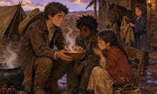 Tomás, hombre joven de rostro redondo y mirada decidida y dulce, sonríe levemente mientras sostiene con ambas manos un gran cuenco humeante de sopa; junto a él, Mateo, chico de unos 12 años de rostro pálido y cabello despeinado, mira la sopa con gratitud tímida y hay un saco de tela arrugado en el suelo; Clara, niña delgada de unos 8 años con trenza, está sentada frente a una choza de tablones y sopla la sopa sonriendo tímidamente; Luz, niña de unos 9 años de cabello corto y abrigo empapado, está al fondo junto a una mula llamada Púa sujetando una manta lista para ayudar. El campamento del Oeste tras la lluvia tiene suelo embarrado con charcos reflectantes, tiendas recogidas, una gran marmita negra humeante sobre piedras y una choza de tablones; el cielo violeta se despeja. Momento cálido y sereno tras la aventura: Tomás ofrece un cuenco de sopa a Clara, vapor en volutas, expresiones de alivio y compasión; paleta cálida (ocres, rojos, marrones) contrastando con el azul violeta del cielo, estilo gouache texturado con pinceladas visibles.