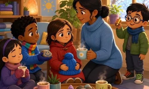 A 6-year-old girl, Mira, moved but calm, round face with freckles, wearing a blue knit hat with a pompom and a red coat, sits at a round table holding her hat on her lap like a small treasure; a 6-year-old boy, Sam, with bright eyes, a colorful scarf and thick gloves, sits to her left smiling gently and showing a small painted smiling stone; Ms. Noor, an adult woman in her 30s–40s with her hair tied and a soft blue sweater, kneels at child level offering Mira a cup of chamomile; another 6-year-old boy with round glasses and mismatched shoelaces stands by the window holding a small shiny bell. Interior: a warm welcoming office with large windows showing snowy branches, potted plants, a shelf of blankets, soft-colored posters reading 